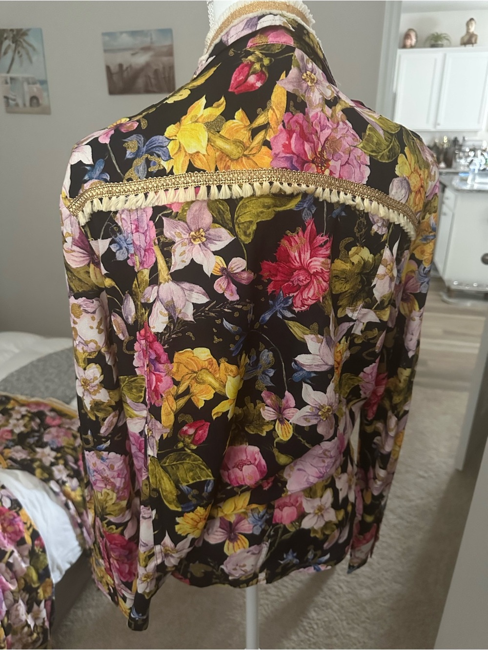 Aratta Black Floral Fringe-Trim Blazer Jacket